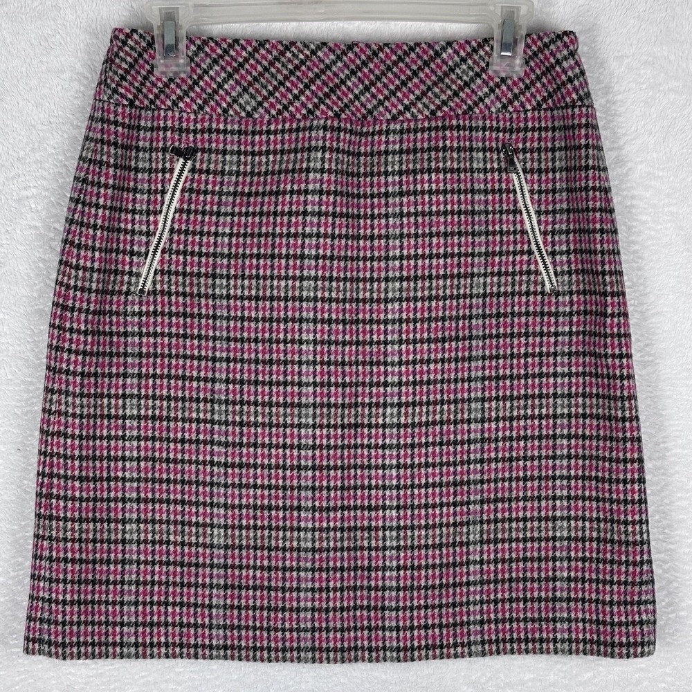 TALBOTS Women's Wool Blend Pink Black Plaid Pencil Skirt Zip‎ Pocket Lined Sz 2